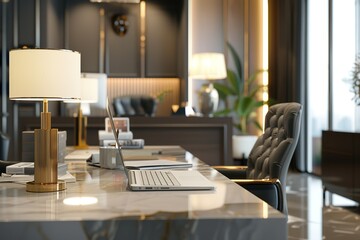 Modern luxury office desk with laptop and lamps.