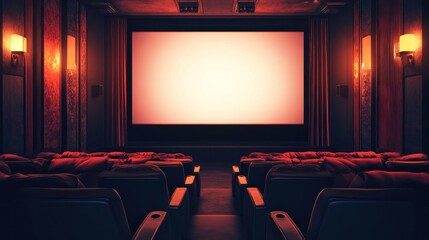 Fototapeta premium Empty vintage movie theater with red seats and large screen.