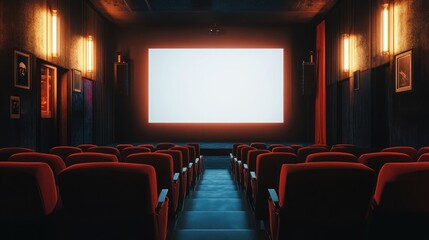 Empty retro cinema auditorium with blank screen.