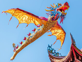 Colorful dragon-shaped kite soars over chinese new year celebration city skyline photography festive atmosphere aerial view tradition