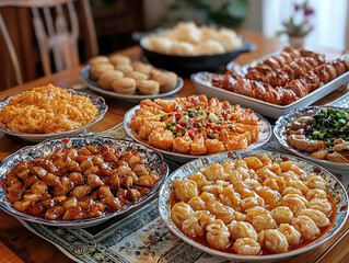 Delicious family reunion dinner celebrating chinese new year home kitchen food photography cozy atmosphere family gathering concept