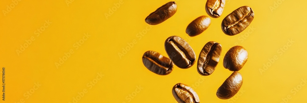 Poster roasted coffee beans are levitating on a vibrant yellow background, creating a dynamic and visually 