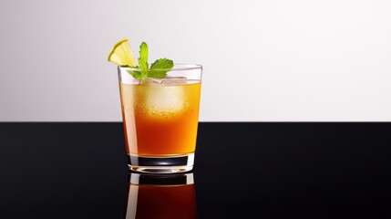 A refreshing cocktail garnished with lemon and mint.