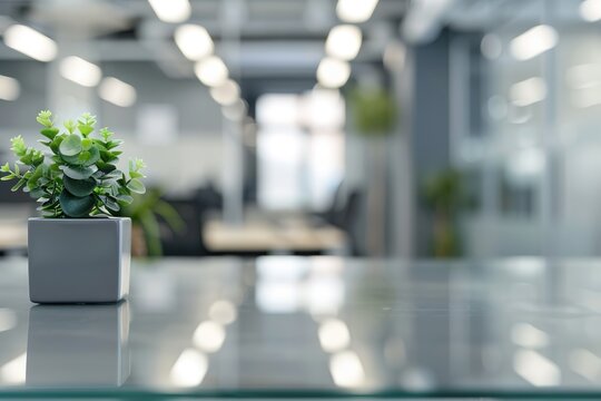 Small plant on a glass desk in a modern office.