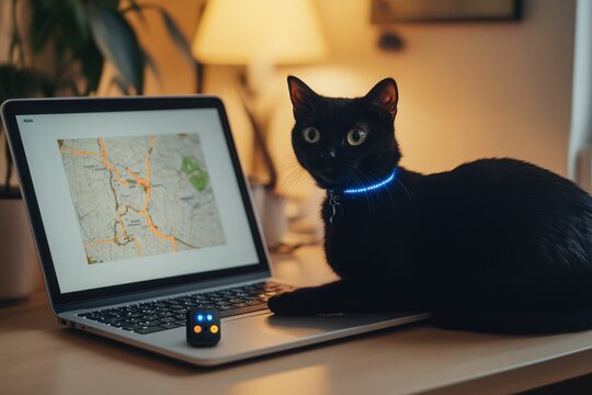 GPS collar tracker on black cat with route tracking app. Cat sitting by laptop. Glowing collar tracker. Pet care app.