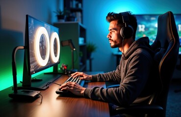 Latin man sits in front of computer, plays video games. He streams online. He wears headphones. He has focused expression, is enjoying himself. Cozy home atmosphere. Modern tech equipment. Night time.