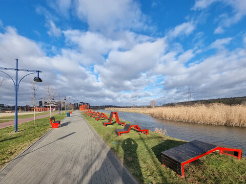 Embankment of the Irpin River on a sunny winter day