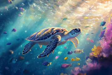 Obraz premium A graceful sea turtle swimming through crystal-clear waters, surrounded by schools of colorful fish