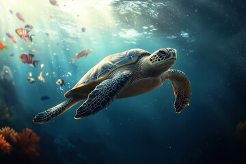 Fototapeta premium A graceful sea turtle swimming through crystal-clear waters, surrounded by schools of colorful fish