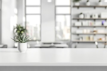 Modern minimalist office workspace with a small succulent plant