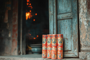 Celebrating chinese new year with firecrackers at a traditional door cultural festivity residential setting close-up tradition