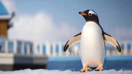 Fototapeta premium A realistic toy penguin standing on snow with a blurred background.