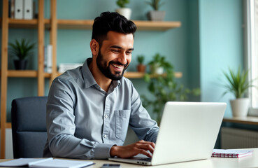 Indian man working happily on laptop in home office. Likely businessman student remote work study. Using computer for online education virtual training session. Indoor shot displays home office setup