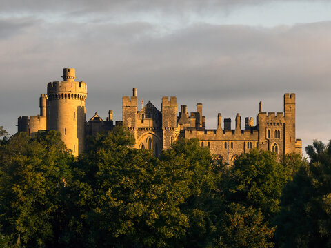 ARUNDEL, WEST SUSSEX, UK - AUGUST 25, 2015: ARUNDEL, WEST SUSSEX, UK - AUGUST 25, 2015:  Exterior view of Arundel Castle seen above trees in early morning light
