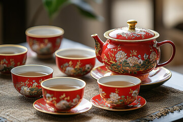 Celebrating chinese new year with traditional red and gold tea set indoor setting cultural festivity elegant aesthetic