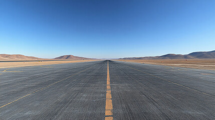 Wide-angle view of a concrete airport runway bathed in early morning sunlight with numerous braking marks, clear landing markings, creating a scene that blends order and chaos on the empty tarmac

