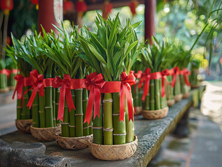 Celebrating chinese new year with bamboo plants adorned in red ribbons festive atmosphere outdoor setting vibrant culture