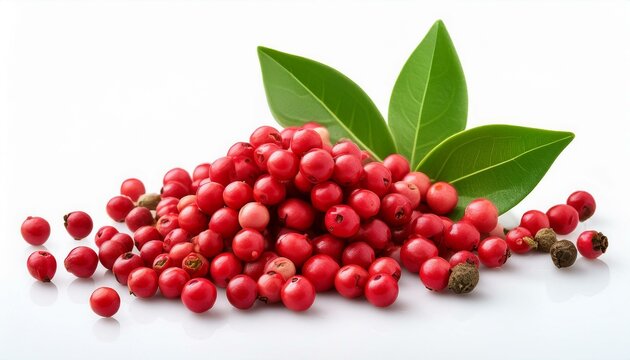 fresh pink peppercorns and green leaves isolated on white background