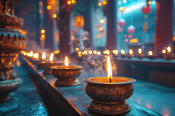 Ceremonial candles and incense burning at temple during chinese new year celebrations spiritual atmosphere cultural significance
