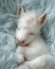 Obraz premium Baby unicorn sleeping peacefully on soft blue fluffy blanket
