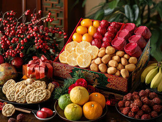 Festive celebration of chinese new year with fruit gift baskets home food display cozy setting prosperity concept
