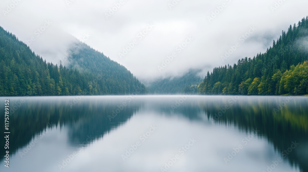 Aufkleber low fog covering a mountain lake with pine forest reflecting in the calm water during a rainy autumn