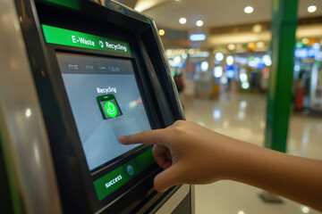 Customer engages with e-waste recycling kiosk, trading in old devices for cash rewards, set in busy shopping area.