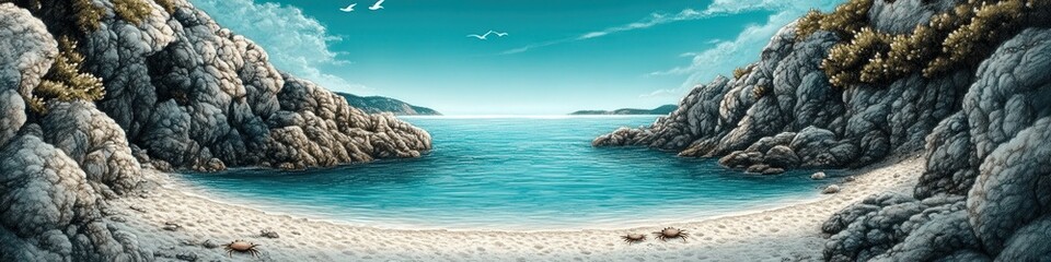 Fototapeta premium Stunning Aerial View of Rocky Coastal Beach with Turquoise Waters and Clear Blue Sky, Perfect for Summer Travel and Relaxation in Serene Natural Landscapes