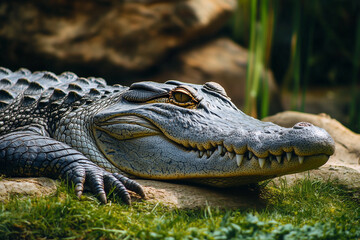 Obraz premium A Nile crocodile basking on the riverbank, with its massive jaw slightly open to cool off
