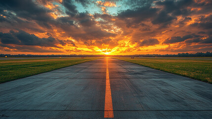 Naklejka premium Wide-angle view of a concrete airport runway bathed in early morning sunlight with numerous braking marks, clear landing markings, creating a scene that blends order and chaos on the empty tarmac