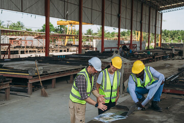 Engineer checking building strength and foundations, showing construction. Worker in construction site.