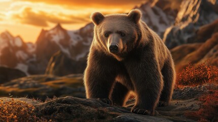 Obraz premium A bear is standing on a rocky mountain
