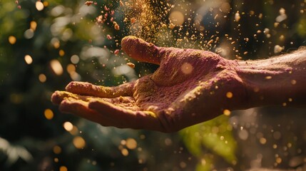 Close-up of hands throwing colorful powder during Holi, dynamic motion, bright pigments, blurred background. Eco-friendly Holi celebrations