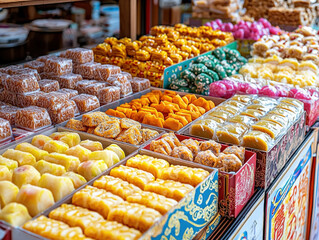 Delicious traditional chinese sweets and snacks for chinese new year celebration colorful market cultural festivity vibrant atmosphere