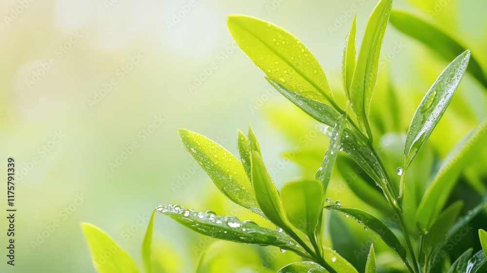 Poster close up of vibrant green leaves glistening with fresh dew drops, capturing the essence of a refresh