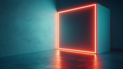 Neon light illuminates a modern cube against a textured wall