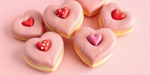 Heart-shaped donuts: A set of simple heart-shaped donuts with glossy pink icing, each topped with a single sugar heart or delicate sprinkle pattern, placed on a soft pink background