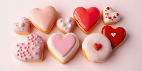 Obraz premium Heart-shaped donuts: A variety of heart-shaped donuts glazed in shades of pink and red icing, decorated with edible pearls, sugar crystals, and mini hearts