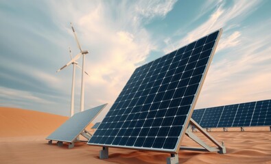 Two solar panels and wind turbine on beige innovative solar panel innovation power electricity energy technology panel renewable