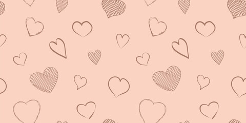 Heart shapes mocha mousse color seamless pattern, love background for Valentines Day. Trendy colour pantone 2025 year. Cute holiday line art. Vector illustration