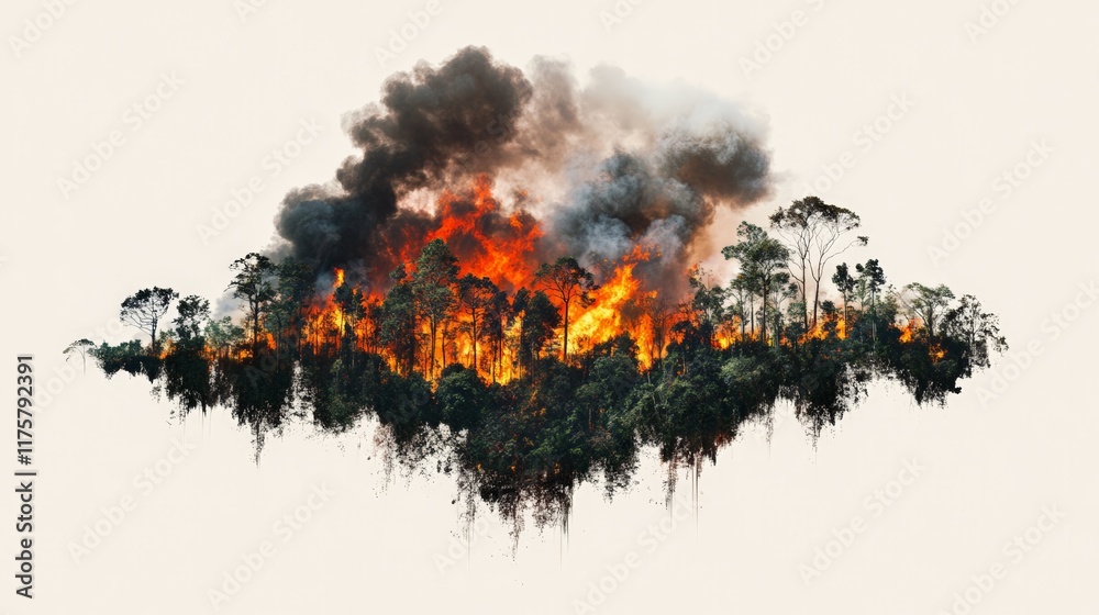 Poster wildfire burning trees emitting a large amount of smoke during a forest fire, representing concepts 
