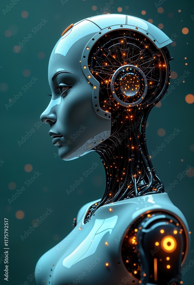 Poster futuristic robot head profile. ai robot with glowing inner circuits. modern tech design. cybernetic 