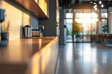 Modern office kitchen with sunlight streaming through large windows.