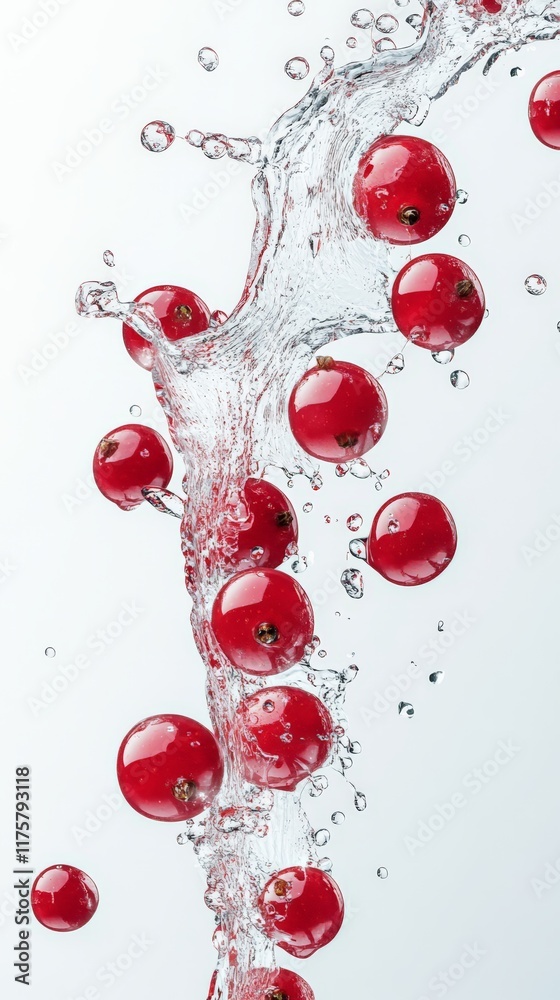 Poster Suspended in a swirling splash of water, fresh redcurrants create a dynamic and refreshing visual against a clean white backdrop, highlighting their vibrant color and juicy appeal