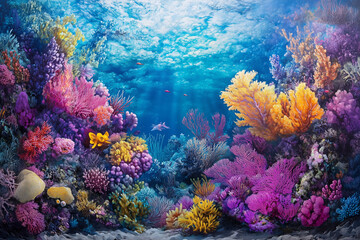 Naklejka premium A vibrant coral reef teeming with life, featuring soft corals, sea fans, and colorful sponges