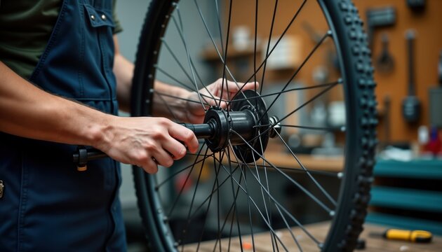 Person in workshop repairing bicycle wheel. Mechanic carefully working on hub. Tools, equipment visible in background. Scene suggests bicycle repair shop home workshop. Close-up view of repair