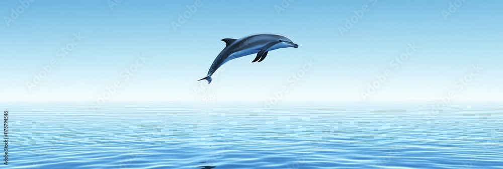 Poster dolphin gracefully leaping from the tranquil, blue ocean, surrounded by a clear sky, creating a sere