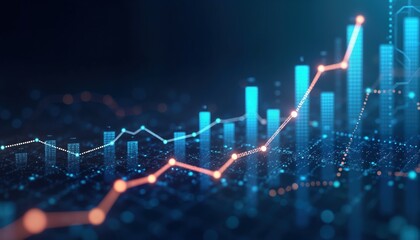 Dynamic financial data graphic displays increasing investment trends. Digital chart illustrates surging stock market performance. Information visualized as abstract graph with growing bars, lines.