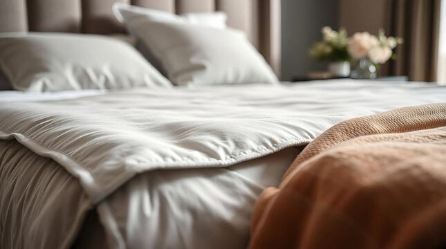 A neatly made bed with light beige bedding, two pillows, and a tan throw draped over the bottom. The headboard is visible, a muted brown.  The depth of field is shallow, focusing on the bedding.