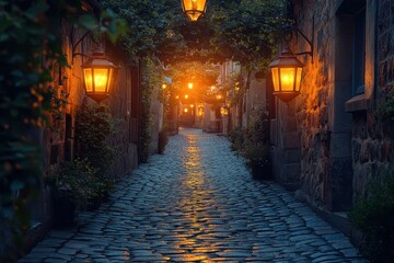 Fototapeta premium Cobblestone street illuminated by lanterns in a quaint village at dusk